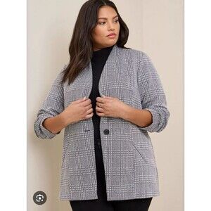 Torrid Blazer Womens 4 Gray Plaid Open Front Pockets Stretch Lined Jacket Career
